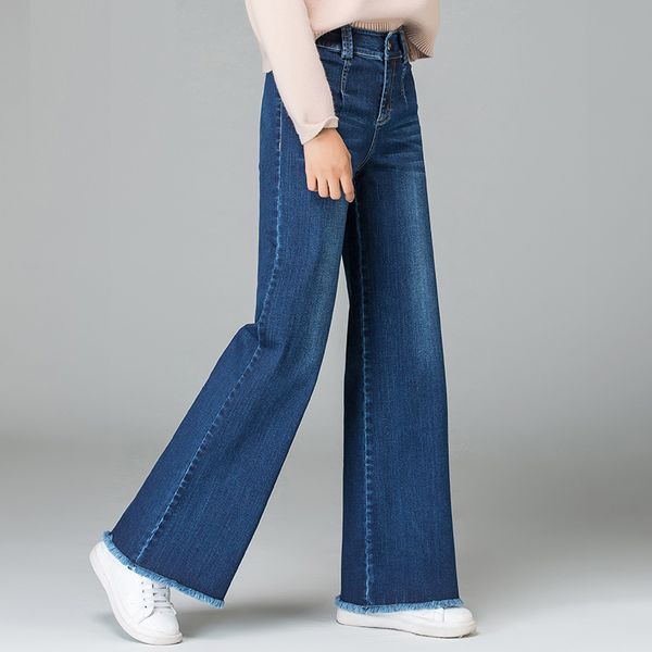 

fall winter casual women ladies high waisted tassel ripped wide leg bleached jeans pants , vintage woman loose denim trousers, Blue