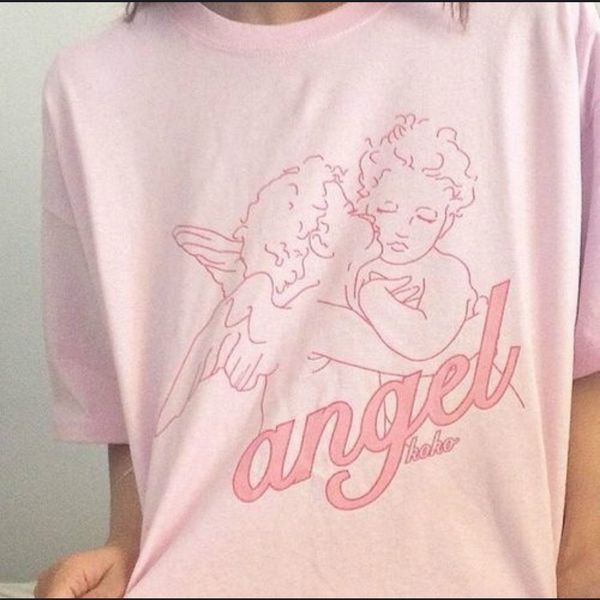 

fashion kawaii angel printed women t shirts 2018 summer loose short sleeved casual clothing pink cotton tees vogue t shirts, White