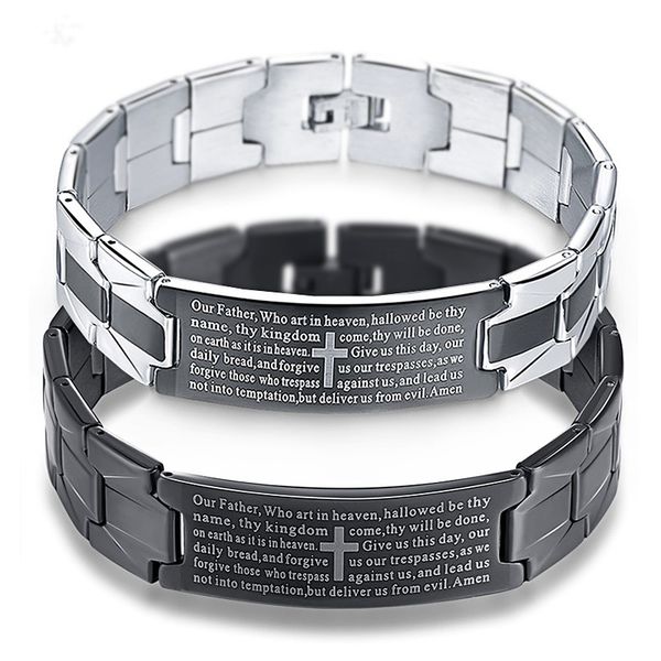 

Black Cross Bracelet Stainless Steel Men Jewelry Pulseiras Heavy Metal Vintage English Bible Bracelets Bangles Mens Jewellery