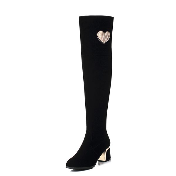 

scrub 2018 new thick with high-heeled heart rhinestone 33-43 yards over the knee women's boots tide 1893, Black