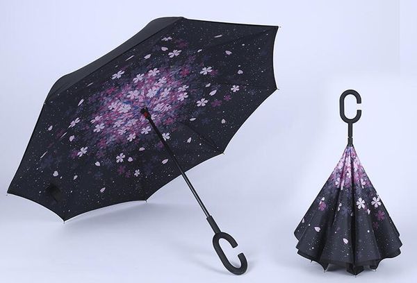 

19 colors windproof reverse folding double layer inverted chuva umbrella self stand inside out rain protection c-hook hands for car 20pcs