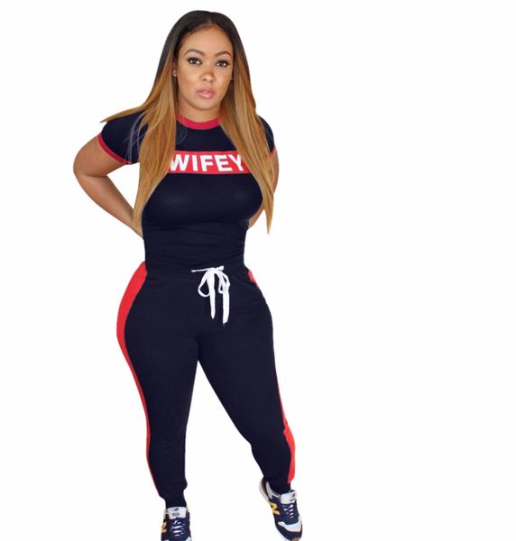 

2018 new casual womens 2 piece set wifey letter short sleeve t shirts and skinny pants women set, Gray