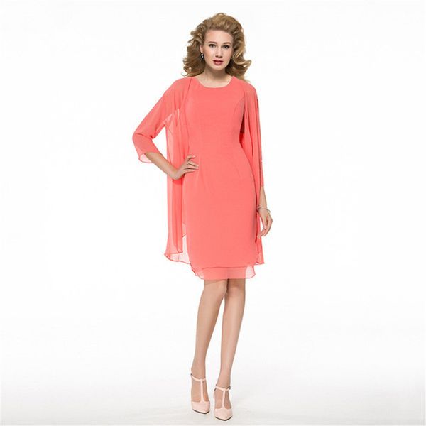 

elegant mother of the bride dresses suits sheath 3/4 sleeves jewel orange chiffon simple custom party formal evening plus size, Black;red
