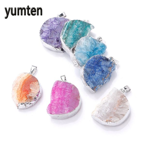 

yumten crystal pendant natural agate the geode clusters buds ribbon moon necklace silver plate collana choker wholesale 5 pcs