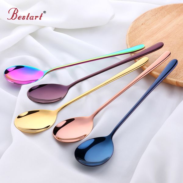 

6pcs/lot stainless steel long-handled spoon rainbow dessert ice cream coffee spoon stirring teaspoons korean flatware set
