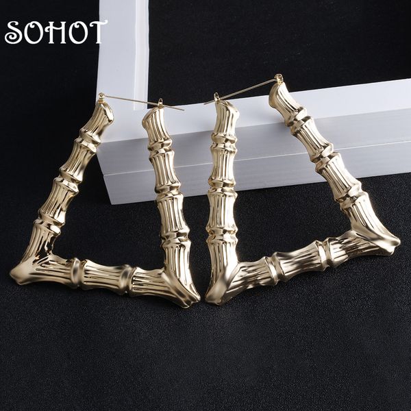 Sohot Novo estilo étnico Brincos de argola geométrica Tono de liga de cor prata dourada Bambu punk Mulheres grandes Creole Hollow Women Bijoux