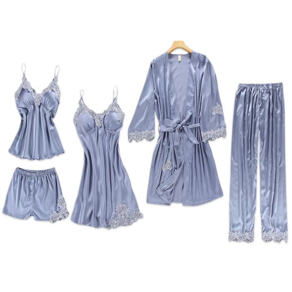 

summer satins silk 5-piece gowm sets women bathrobes ice silk lace kawaii spaghetti straps sleepdress ropa de dormir mujer, Black;red