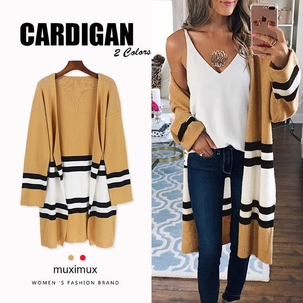 

2018 winter women cardigan series autumn long striped knitted sweater casual female streetwear jumper, White;black