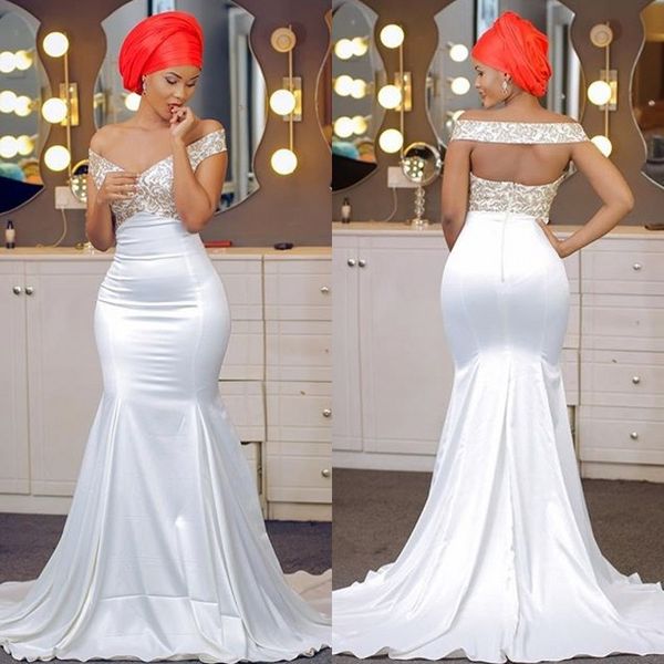 

simple white mermaid prom dress with golden appliques off shoulder sleeveless zipper back 2018 prom dress satin long party gowns, Black