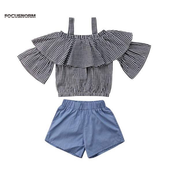 

lovely fashion summer toddler baby girls 2pcs sets off shoulder petal sleeve ruffles plaid t-shirts denim blue shorts 1-6y, White