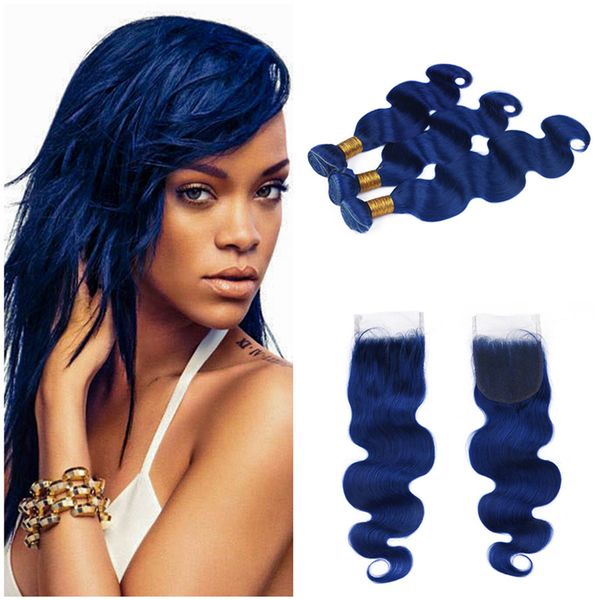 Dark Blue Bundles With Closure Body Wave Wavy Human Hair Bundles
