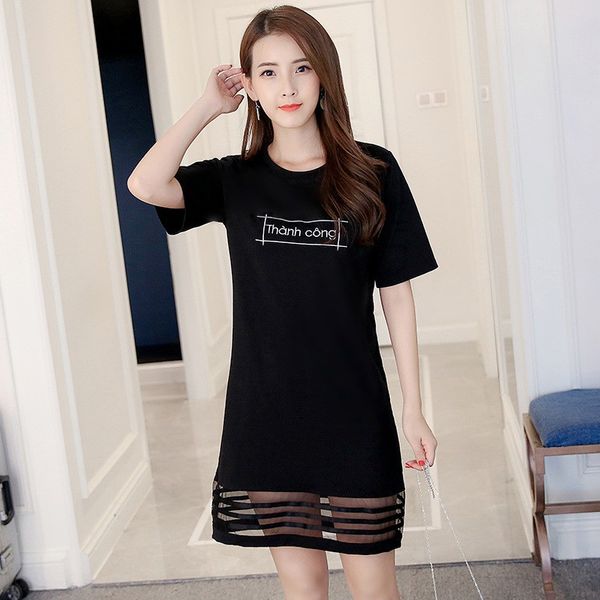 

slim t shirt dress print letter mesh summer dress o neck women fashion short sleeve elegant casual black / white vestido, Black;gray