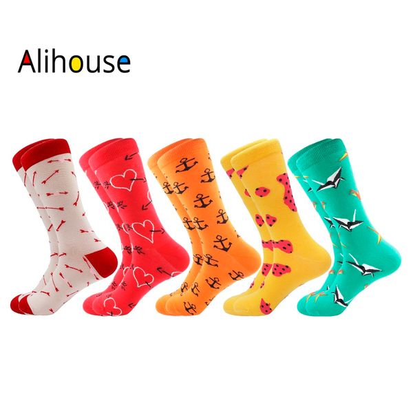 

alihouse men socks colorful funny skate socks love arrow anchor pattern combed cotton casual dress crew happy men, Black