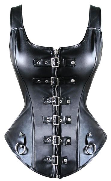 

womens front buckled leather bustier corset with bondage rings fetish mistress playsuit black, Black;white
