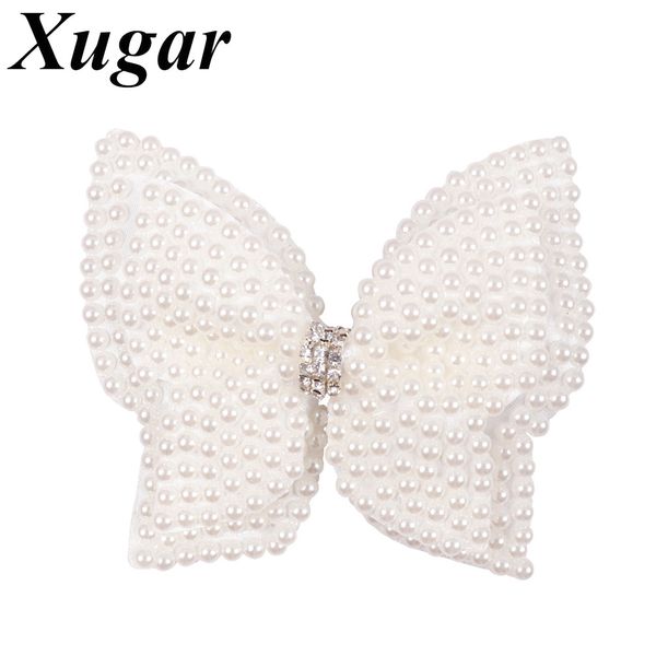

white pearl hair bows for girls rhinestone hairbows with alligator clip pearl hairgrips kids hair accessories, Slivery;white