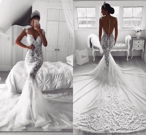 

sheer 2018 mermaid lace wedding dresses v neck illusion button back court train tulle wedding dress bridal gowns custom made, White