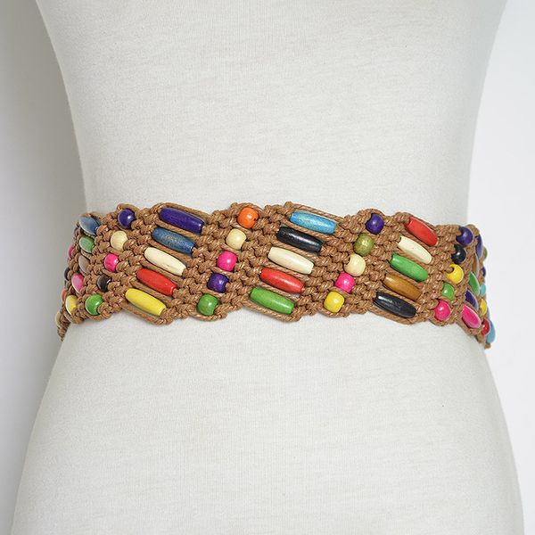 

national style belts hand-woven belt wooden beads weaving knotted waist chain bohemia female ceinture femme, Black;brown