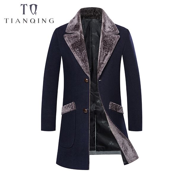

tian qiong 2018 new winter fur collar long peacoat men slim fit casual thick overcoat mens warm windbreaker trench coat jackets, Black