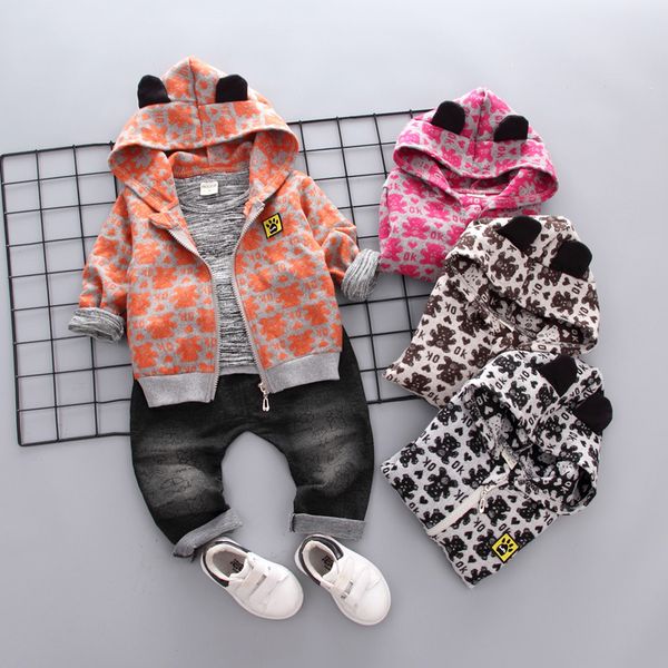 

children boys girls cartoon bear clothse fashion baby zipper hoodies t-shirt pants 3pcs/sets spring autumn kids casual tracksuit, White