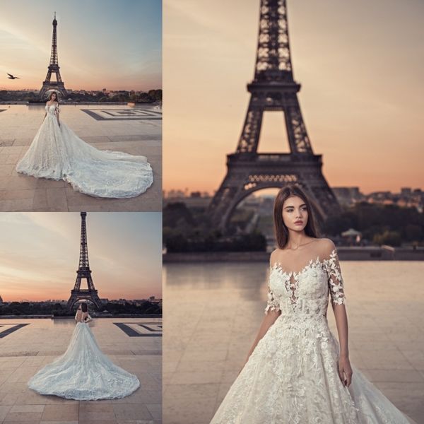 

sheer jewel 2020 свадебное платье с рукавами 3d цветы кружева свадебные платья robe de mariée illusion вернуться стреловидности поезд свадеб, White