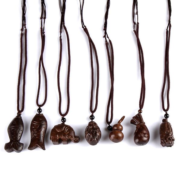 

factory outlet tibetan ethnic ancient jewelry lucky fish god of wealth wooden pendant vintage necklace long necklace for women, Silver