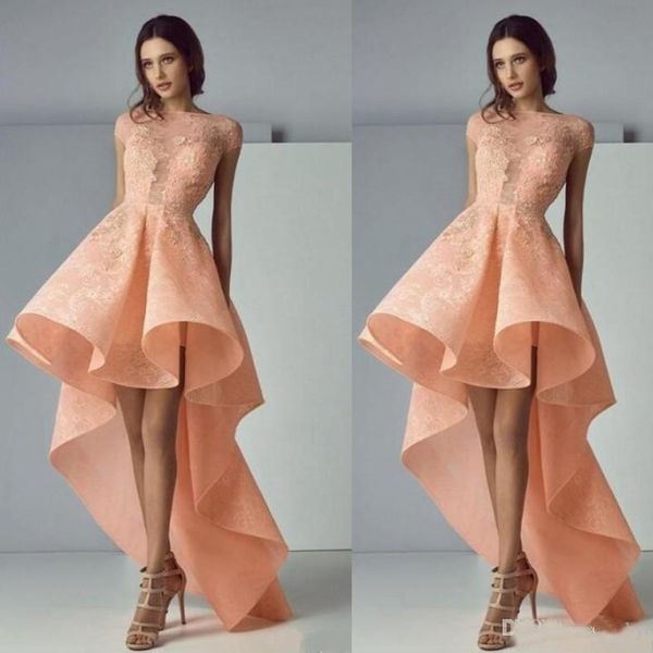 

2019 Pink Prom Dresses A Line Sheer Neck Cap Sleeves High Low Ruffles Cocktail Party Gowns Lace Applique Formal Evening Gowns