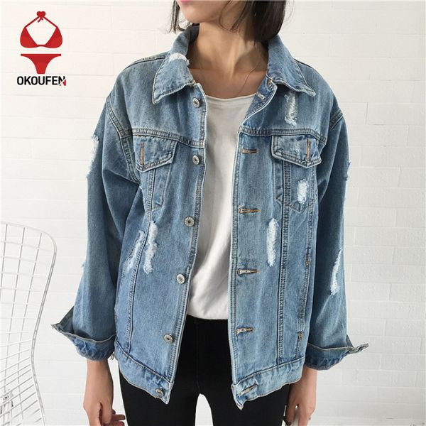 

okoufen 2018 women coat denim jacket women winter jeans jacket denim coat loose fit casual style, Black;brown