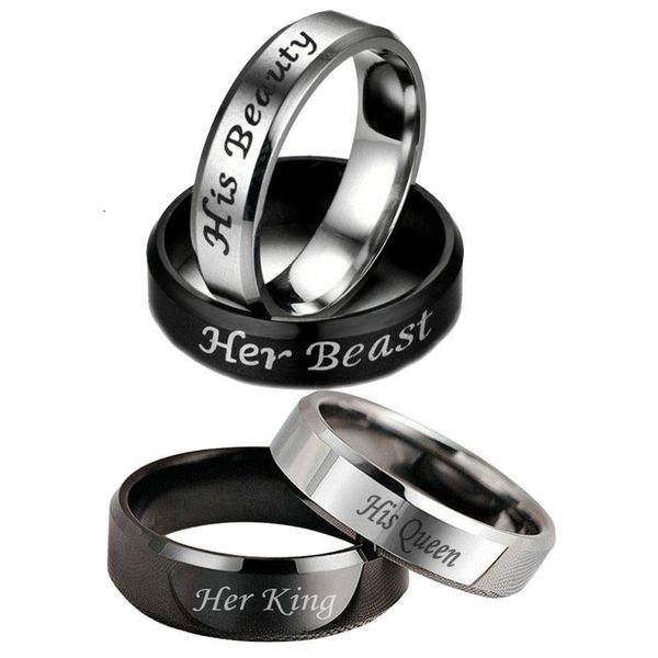 Stainless Steel Her King His Queen Her Beast Ring Silver Black