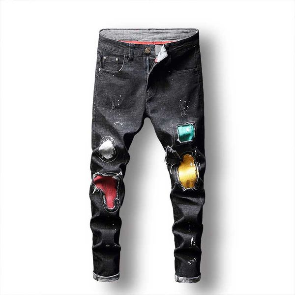 Calça jeans masculina pintada com estampa desgastada, calça jeans casual elegante, cintura média, colorida