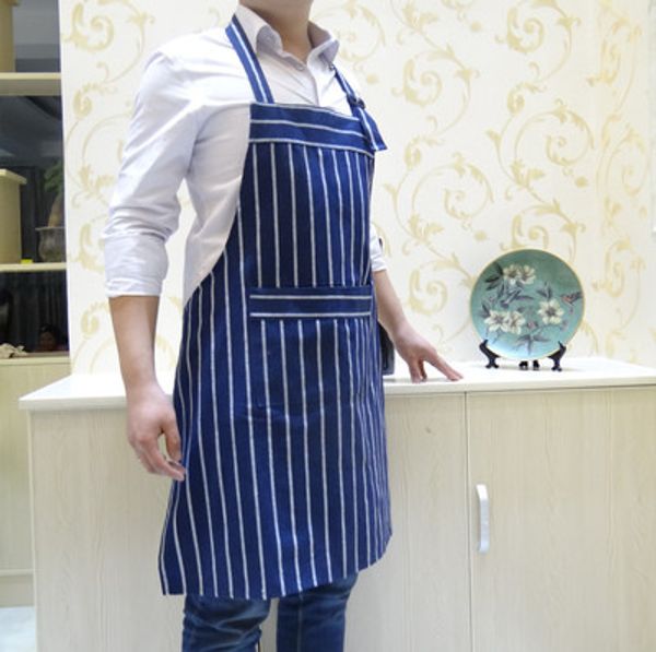 

1pc striped mediterran style cotton man women waist apron with pocket catering chef bar kitchen apron adjustable shoulder straps