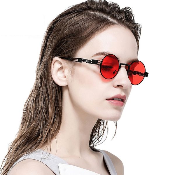 

brand classic steampunk sunglasses metal round sunglasses women retro punk glasses mirror coating goggles travel red pink yellow, White;black