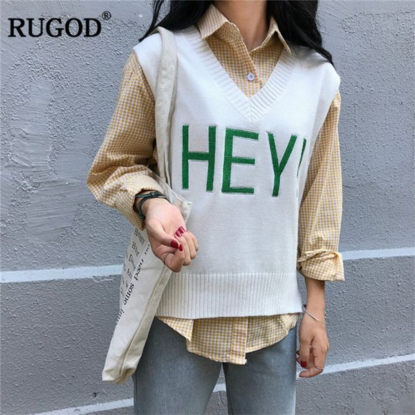 

rugod vest 2018 new fashion winter women vest pretty sleeveless v-neck letter embroidery loose knitted womenveste femme, Black;white