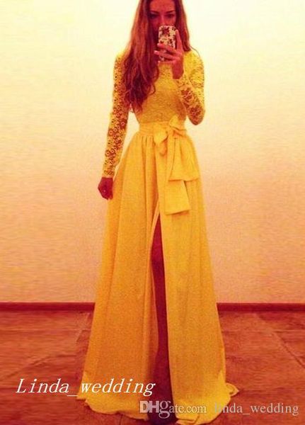 Yellow Colour Prom Dress High Quality Lace Chiffon Slit Long