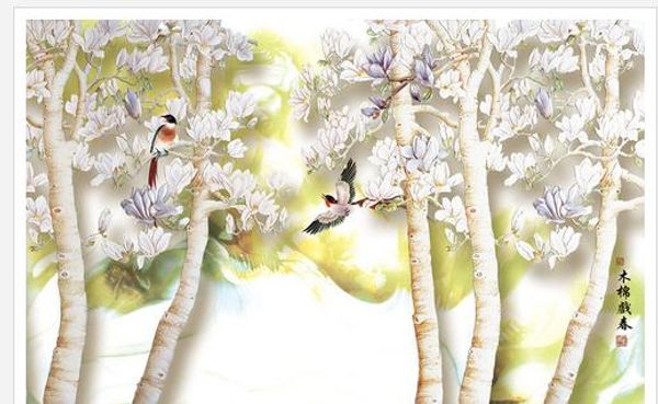 

в 3d фрески обои для гостиной весна ручная роспись цветы и птицы иллюстрация тв фон стены