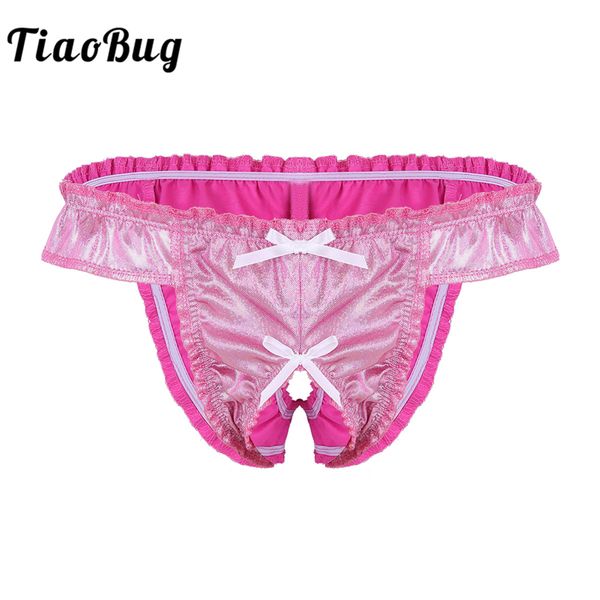 

tiaobug men soft shiny ruffle bowknot sissy panties low rise stretchy open crotch underwear gay male crotchless thong brief, Black;white