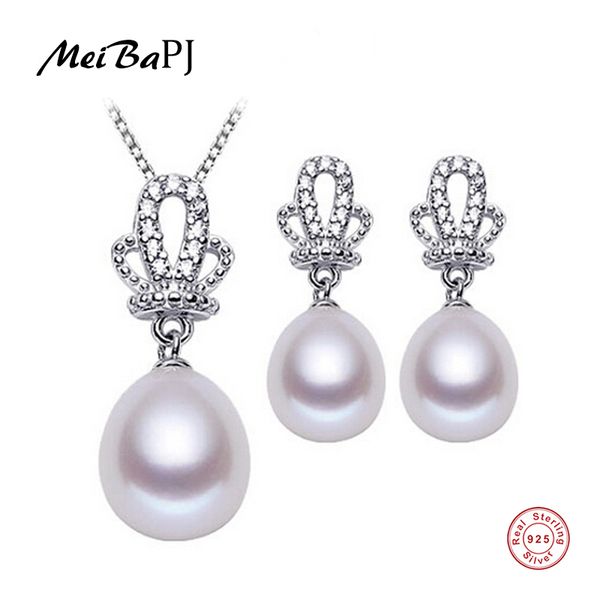 

meibapj]new fashion jewelry set for women elegant 925 sterling silver crown pendant necklace&earrings pearl jewelry, Black