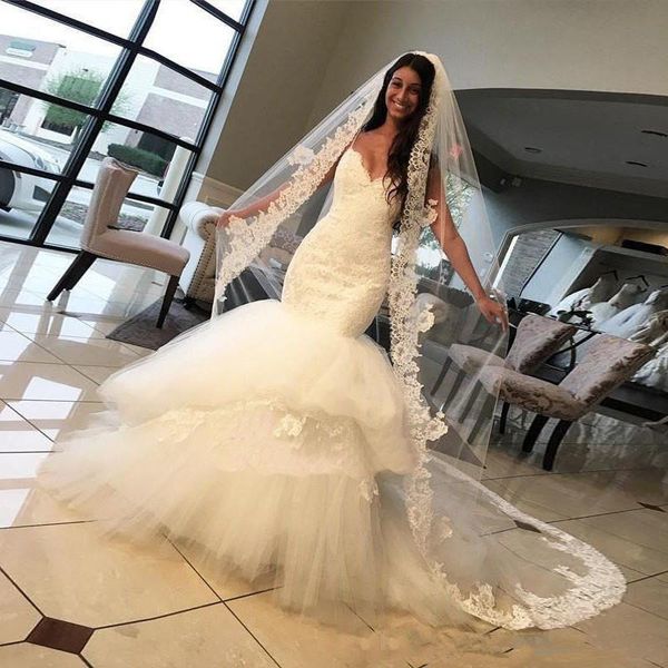 

mermaid wedding dresses spaghetti lace appliques v neck robe de mariée tiered skirts backless sweep train wedding dresses