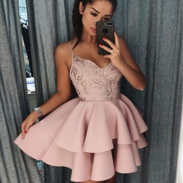 

fashion spaghetti straps homecoming dresses dusty pink lace applique sleeveless tiered prom dresses attractive club wear cocktail dress, Black