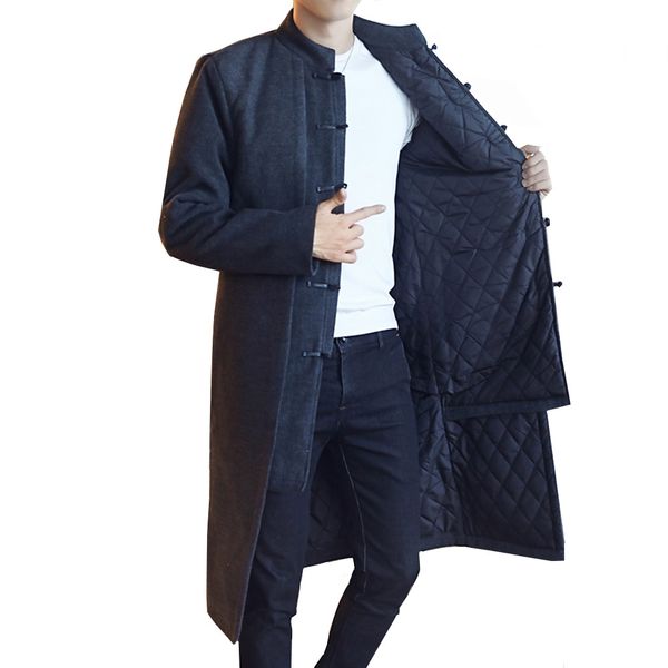 

chinese style trench men's retro jacket long section windbreaker winter & autumn large size embroidery warm thick woolen coat, Tan;black