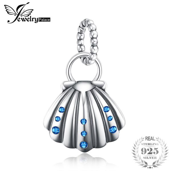 

jewelrypalace sea love oyster shell clam pearl blue cubic zirconia 925 sterling silver charm beads for women 2018 new sale, Blue;slivery