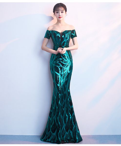 

2018 fashion green sequins long mermaid prom dresses elegant off the shoulder evening gowns formal party dress robe de soriee, Black