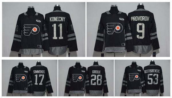 

100-летний юбилей philadelphia flyers hockey jersey 17 wayne simmonds 28 claude giroux 53 shayne gostisbehere 9 provorov 11 travis konecny, Black;red