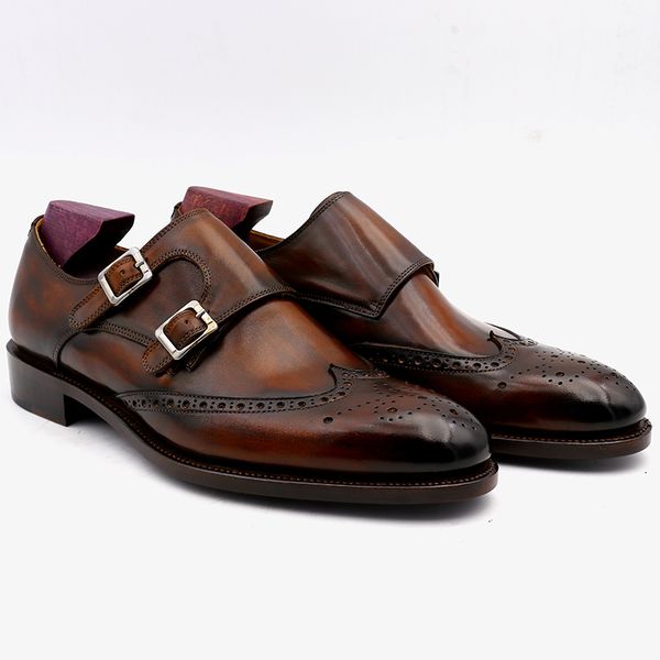 

Мужские классические туфли Monk shoes Пользовательские туфли ручной работы с двумя ремешками Пряжки с патиной коричневого цвета с круглым носком броги из натурального телячьей кожи MK-04