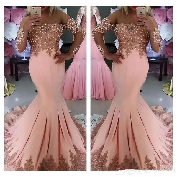 

2018 Sexy Middle East Arabic Prom Dresses Long Sleeves Pink Lace Appliques Pearls Mermaid Plus Size Evening Party Gowns Wear Vestidos