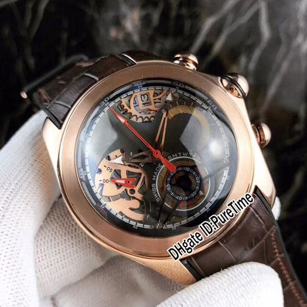 

New bubble two tone ro e gold keleton dial miyota quartz chronograph men watch topwatch brown leather rubber trap 6 color watche 52b2