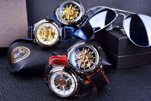 

motorcycle design transparent genuine red black belt waterproof skeleton men automatic watches clock, Slivery;brown