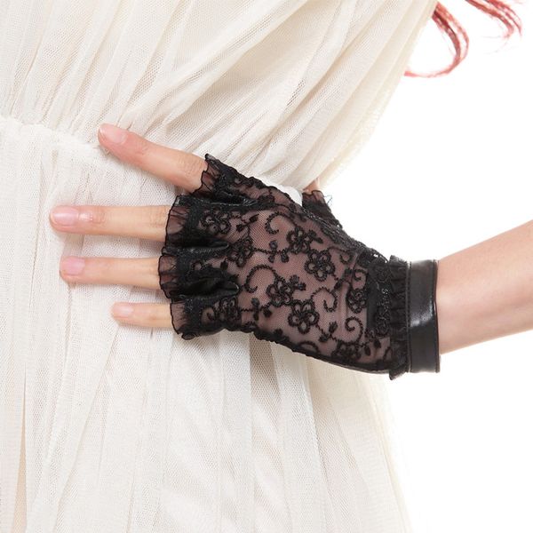 

spring sunscreen short women black lace gloves half finger soft genuine sheepskin female gloves mittens, Blue;gray