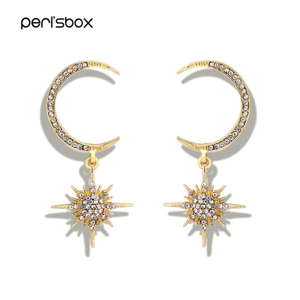 

peri'sbox new vintage gold color multi-crystal moon star drop earrings jewelry rhinestones crescent star earrings for women, Silver