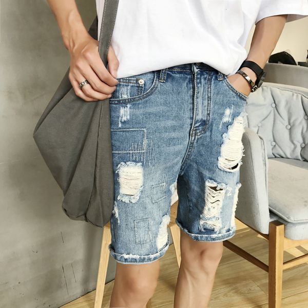 

envmenst summer casual denim shorts homme 2018 men knee length denim shorts hole zipper jeans men, Blue