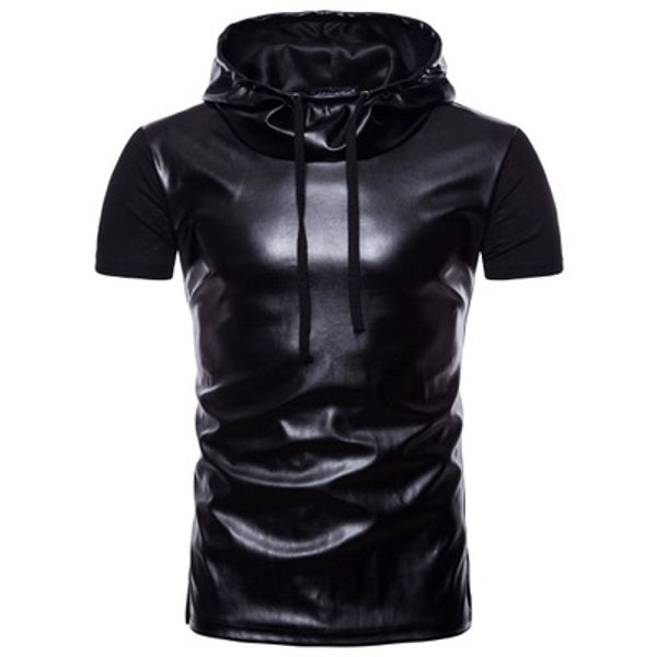 

Pu Motorcycle High Collar Black Men Short Sleeved Shirt T-shirt High Street Wear Trend T-shirt S-2XL